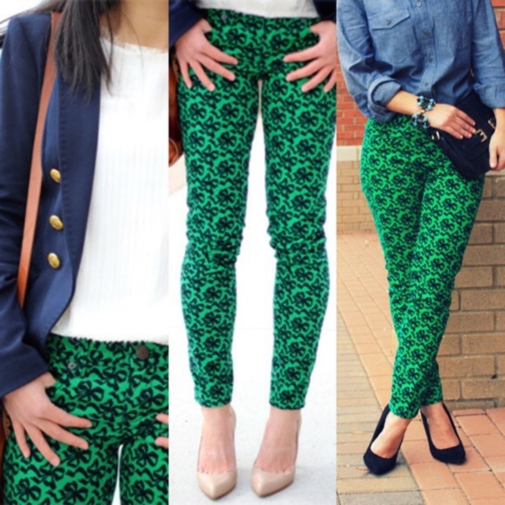 J. Crew Toothpick Green & Black Bow Print Jeans